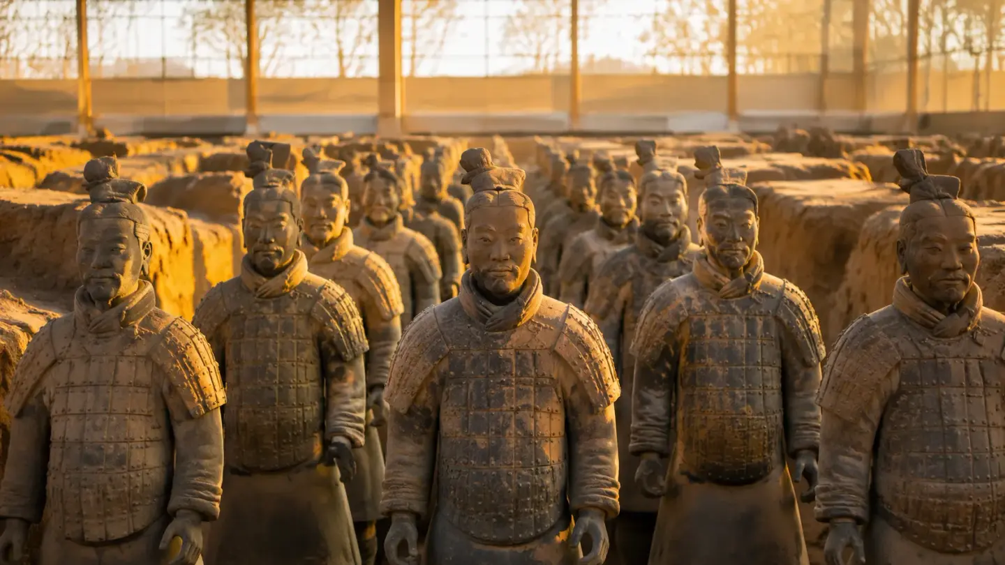 Terracotta warriors in autumn light